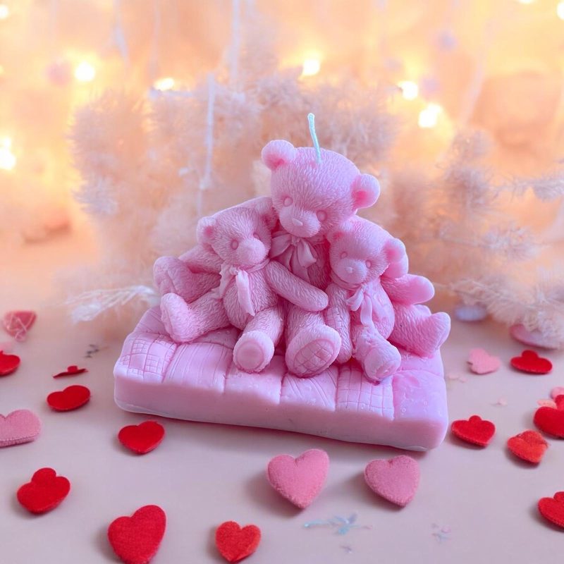 Handmade pink bear candle with a cute design, perfect for home decor and gifts.